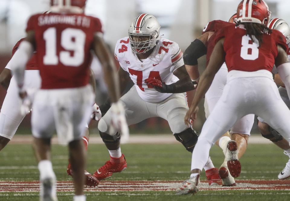 Ohio State Buckeyes offensive lineman Donovan Jackson (74) blocks during the NCAA football game against the Indiana Hoosiers at Memorial Stadium in Bloomington, Ind. on Sunday, Oct. 24, 2021. Ohio State won 54-7.