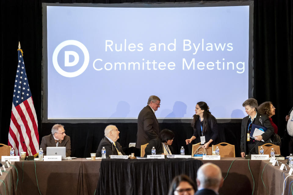 FILE - The Democratic National Committee Rules and Bylaws Committee discuss proposed changes to the primary system during a meeting at the Omni Shoreham Hotel on Dec. 2, 2022, in Washington. The DNC’s rulemaking arm voted on a revamped schedule for early votes for the 2024 presidential primary: first South Carolina, followed by New Hampshire and Nevada on the same day, then Georgia and finally Michigan. (AP Photo/Nathan Howard, File)