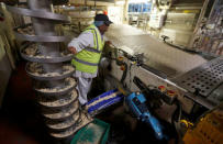 A worker inspects biscuits prior to baking on the production line of Pladis' McVities factory in London Britain, September 19, 2017. Picture taken September 19, 2017. REUTERS/Peter Nicholls.