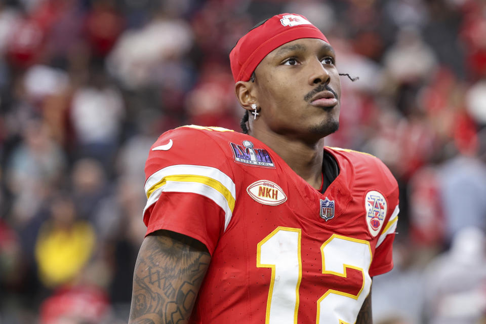 LAS VEGAS, NV - FEBRUARY 11: Mecole Hardman Jr.  #12 of the Kansas City Chiefs looks on prior to Super Bowl LVIII against the San Francisco 49ers at Allegiant Stadium on February 11, 2024 in Las Vegas, NV.  (Photo by Perry Knotts/Getty Images)