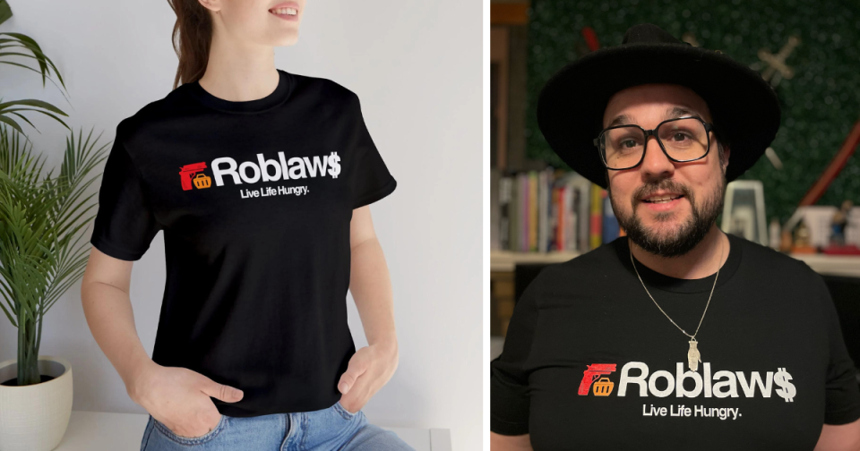 A Toronto-based artist, Christopher Lambe (right), whose parody T-shirts target large corporations is catching the ire of Loblaw after he featured an edgy take on the grocery giant's logo and slogan. 