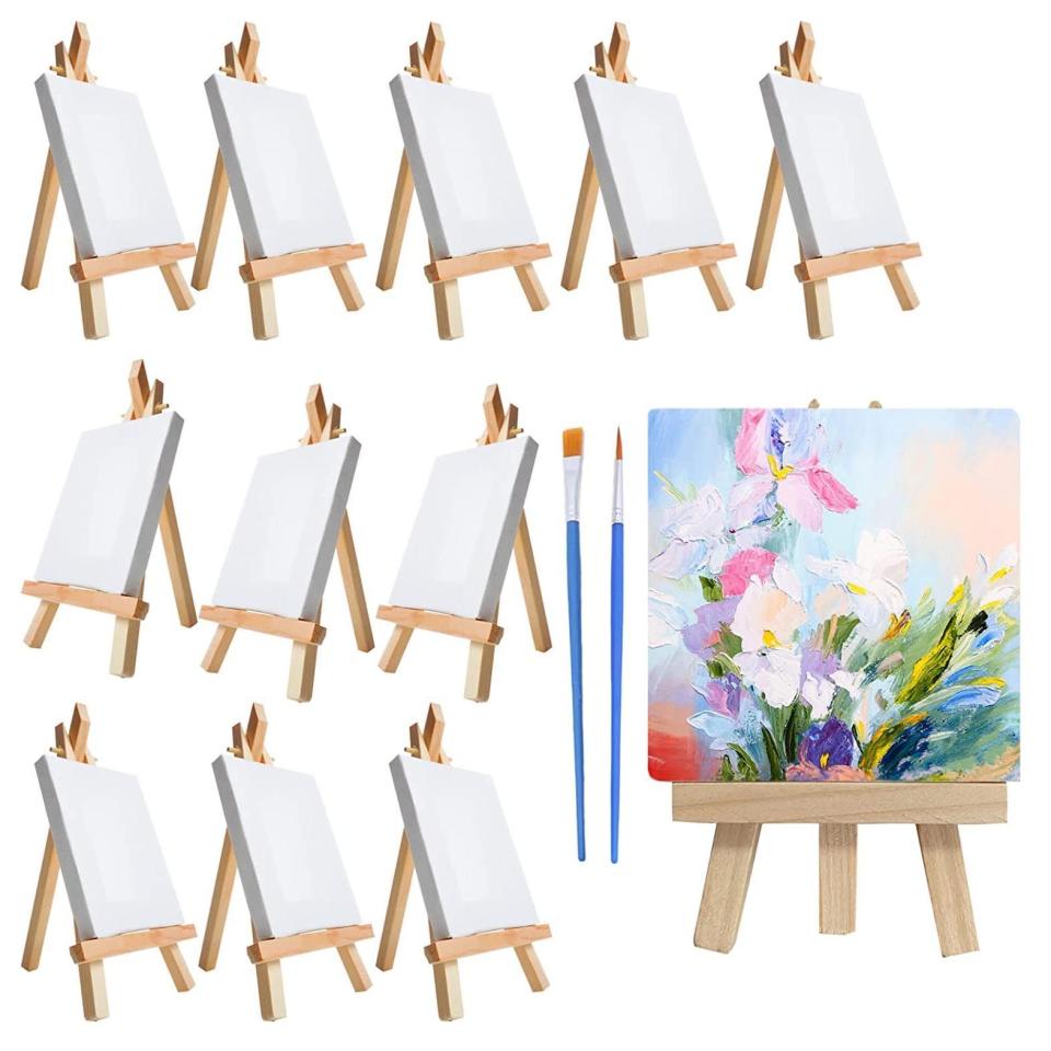 2) YOUPINXIAN HDWXHXX Mini Canvas and Easel Brush Set 14 Piece, Canvas 4x4 Inches, Pre- Stretched Canvas, Mini for Painting Kit, Paint Party Supplies for Kids, White (A-00001)