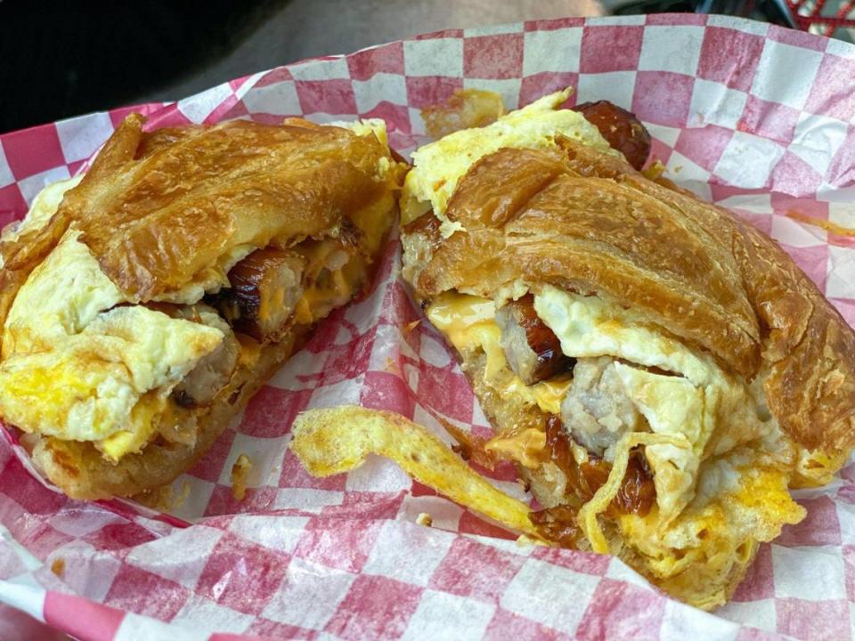 New York Diner on Albemarle Road has breakfast sandwiches, gyros, wraps, burgers, tacos, salads and quesadillas. Shown here is a sausage, egg and cheese sandwich on a croissant.