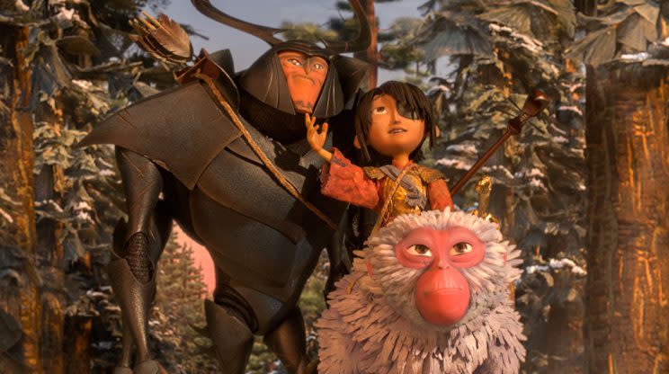 Beetle, Kubo, and Monkey emerge from the forest in <em>Kubo and the Two Strings</em>. (Photo: Focus Features)<br>