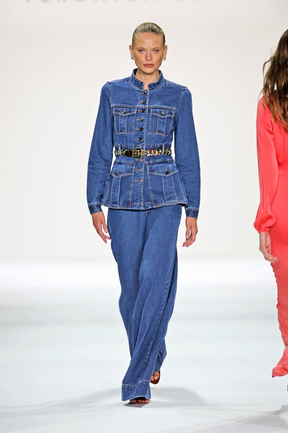 A model walks the runway at the Veronica Beard fashion show during New York Fashion Week at Spring Studios on Sept. 12, 2022.