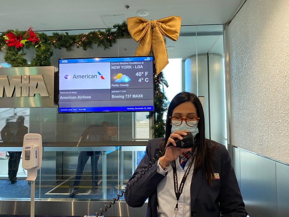 At the American Airlines' gate before boarding.