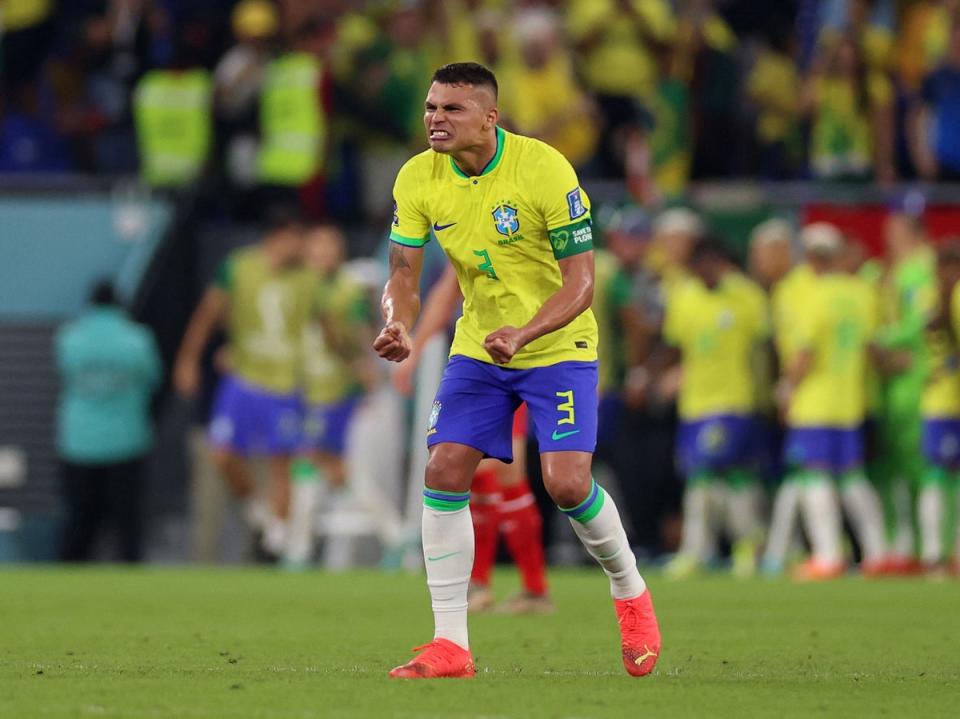 Brazil centre back Thiago Silva celebrates Casemiro’s goal against Switzerland (REUTERS)
