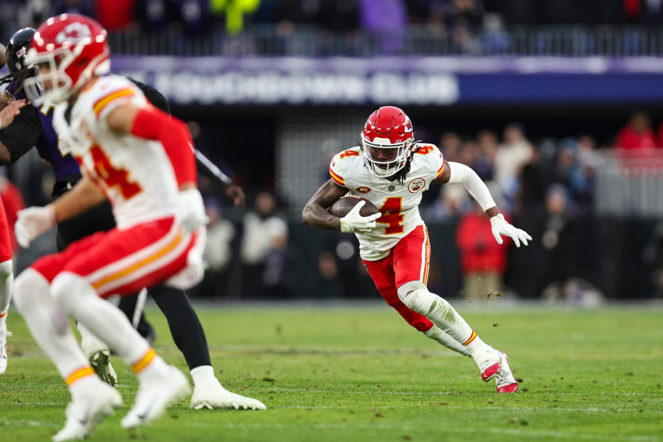 Rashee Rice runs the ball during the AFC Championship game against the Baltimore Ravens on Jan. 28, 2024.<span class="copyright">Perry Knotts—Getty Images</span>