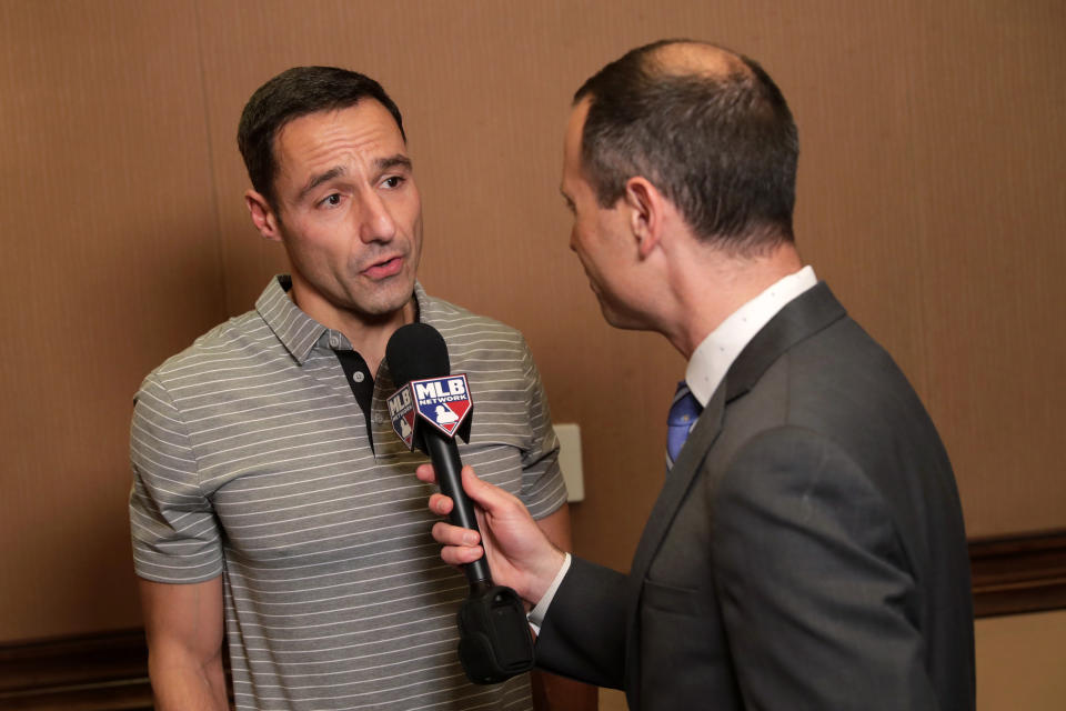 Cleveland Indians president of baseball operations Mike Antonetti speaks during a media availability during the Major League Baseball general managers annual meetings Tuesday, Nov. 12, 2019, in Scottsdale, Ariz. (AP Photo/Matt York)