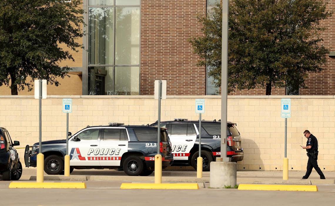 Arlington police investigate a shooting at Lamar High School in Arlington on Monday, March 20, 2023. One student died after the shooting Monday morning. Arlington police have arrested a suspect.