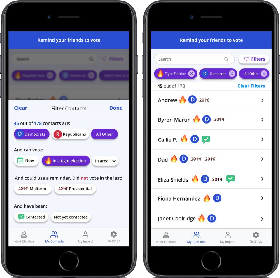 You can filter your contacts based on party affiliation, if their upcoming election is a tight race, and if they voted in the last election. / VoteWithMe