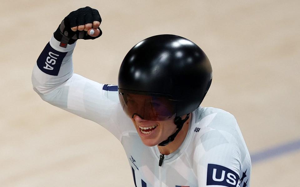 Jennifer Valente celebrates winning gold