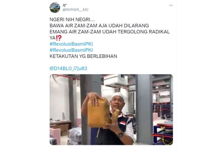 Unggahan hoaks yang menyebut larangan membawa air Zamzam di koper jemaah haji dianggap radikal. (Twitter)