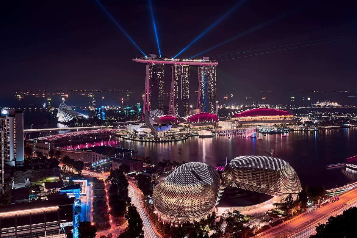 skyline view of Singapore at night with bright city light