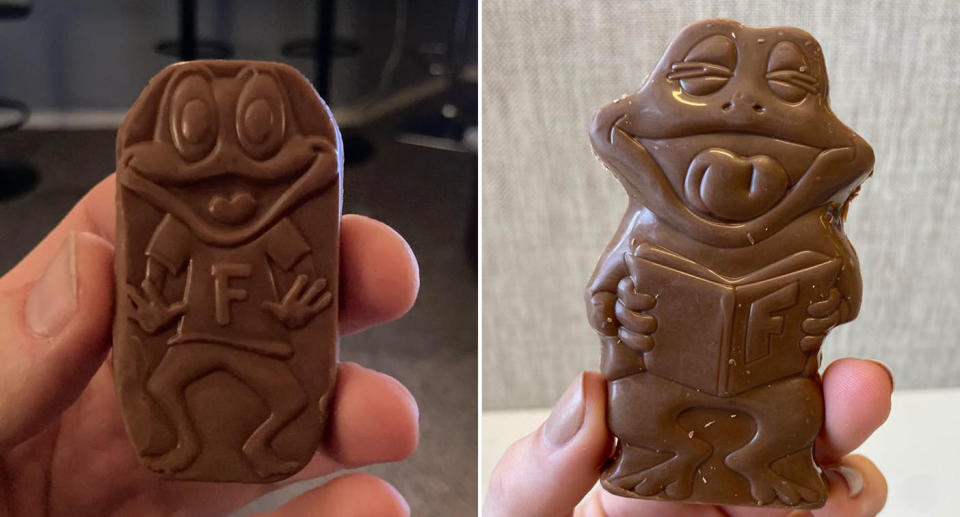 The UK Freddo Frog (left) has a distinctly different look from Australia's design (right). 