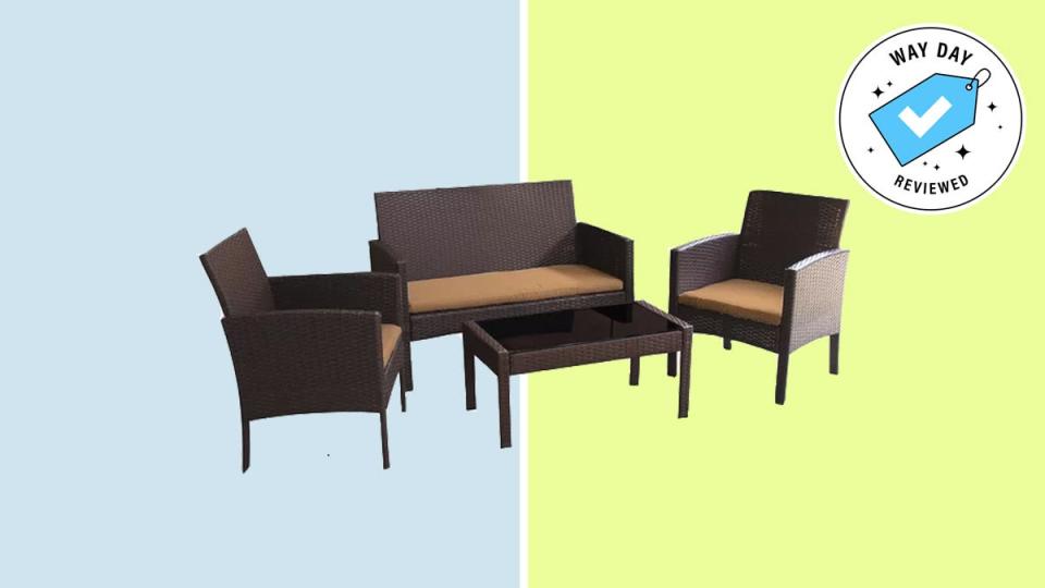 Relax on your patio in comfort with this Andover Mills four-person seating set on sale for Way Day 2023.