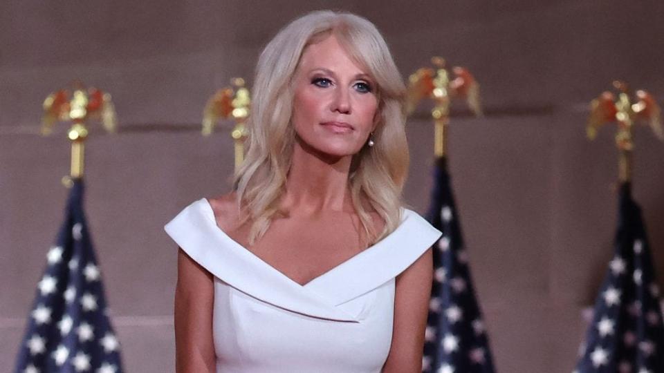 This August 2020 photo shows then-White House Counselor to the President Kellyanne Conway pausing between takes while pre-recording her address to the Republican National Convention from inside an empty Mellon Auditorium. (Photo by Chip Somodevilla/Getty Images)