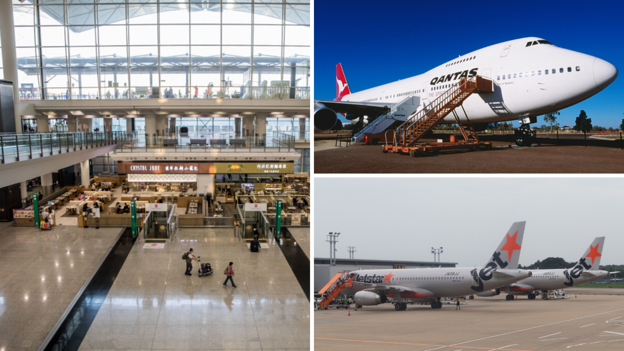 Left: The normally bustling Hong Kong Airport is dear-deserted. Right: Qantas/Jetstar (Source: Getty)