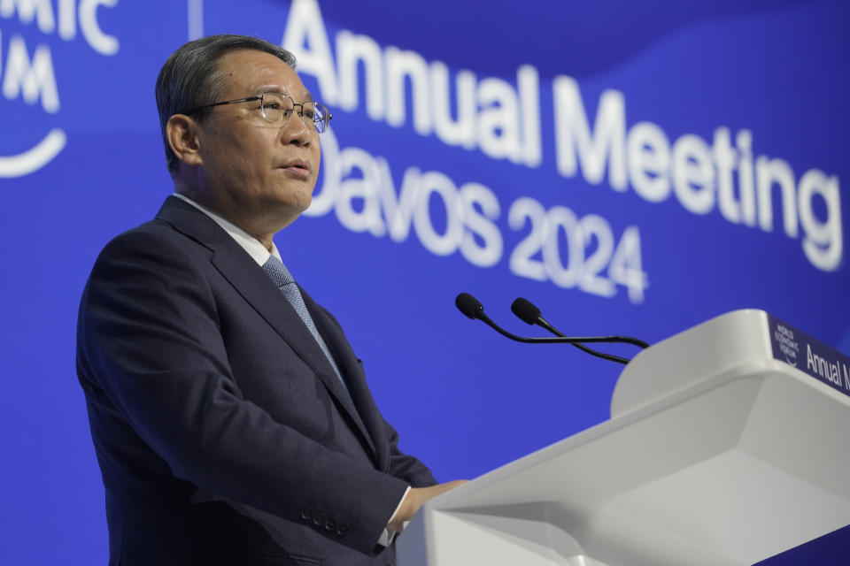 Chinese Premier Li Qiang addresses attendees of the World Economic Forum annual meeting in Davos, Switzerland, on Tuesday, Jan. 16, 2024.  Photo: AP/Marcus Schreiber