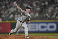 New York Yankees starting pitcher Gerrit Cole throws to a Seattle Mariners batter during the sixth inning of a baseball game Tuesday, Aug. 9, 2022, in Seattle. (AP Photo/Ted S. Warren)