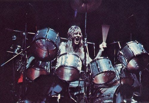 Alice Cooper drummer Neal Smith rocks in the early 1970s.