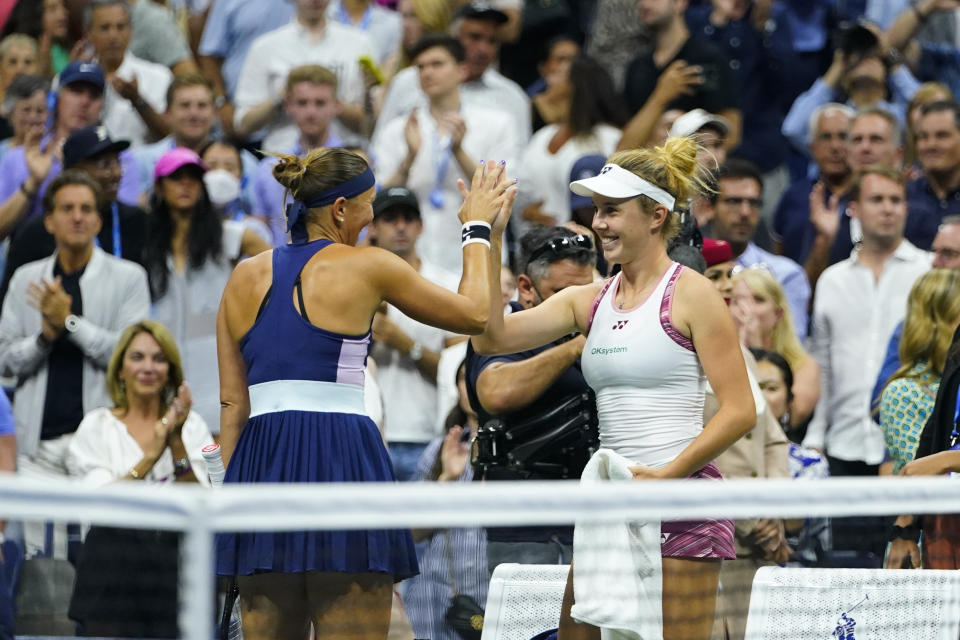 Lucie Hradecká, left, and Linda Nosková, of the Czech Republic, celebrate after winning their first-round doubles match against Serena Williams and Venus Williams, of the United States, at the U.S. Open tennis championships, Thursday, Sept. 1, 2022, in New York. (AP Photo/Frank Franklin II)