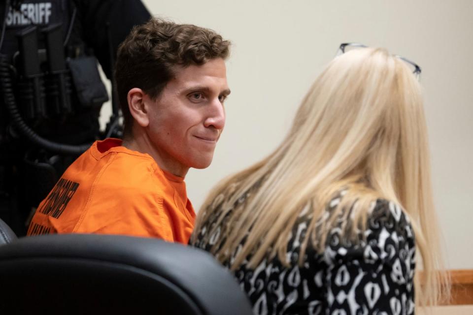 Bryan Kohberger, left, who is accused of killing four University of Idaho students in Nov. 2022, looks toward his public defender Anne Taylor