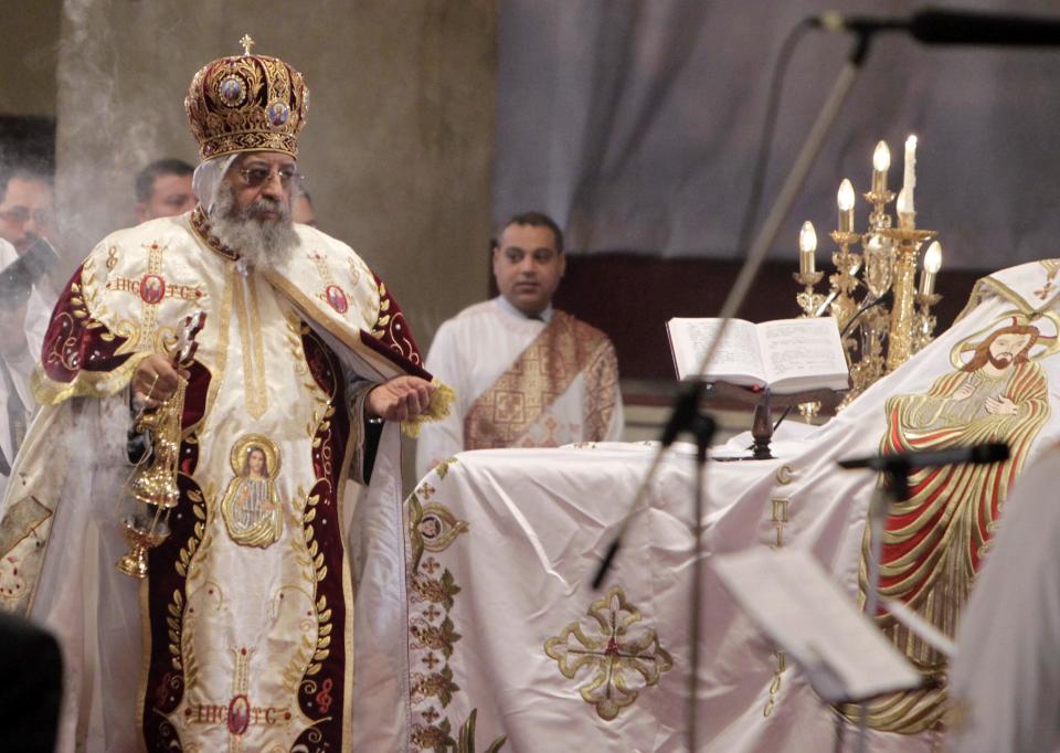 Pope Tawadros II leads the Coptic Christmas Eve Mass at St. Mark Cathedral in Cairo