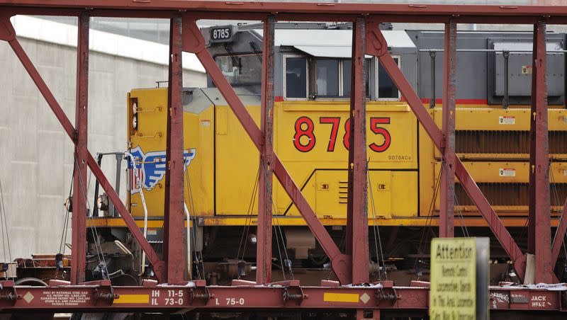 An engine pulls cars at the Union Pacific Roper yard in South Salt Lake on Feb. 22, 2022.
