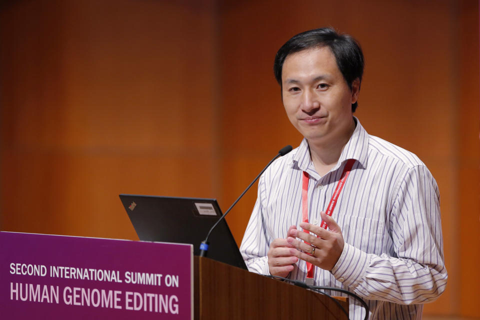 In this Wednesday, Nov. 28, 2018, file photo, He Jiankui, a Chinese researcher, speaks during the Human Genome Editing Conference in Hong Kong. He made his first public comments about his claim to have helped make the world's first gene-edited babies. (AP Photo/Kin Cheung, File)