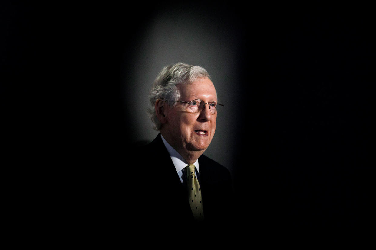 Senate Majority Leader Mitch McConnell of Ky., speaks during a news conference