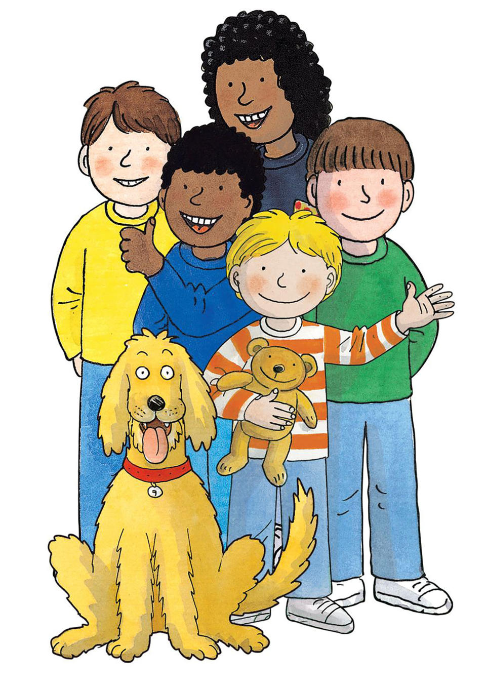 Biff, Chip, Kipper and Floppy with friends Wilf and Wilma as they appear in the books' illustrations. (Oxford Owl)