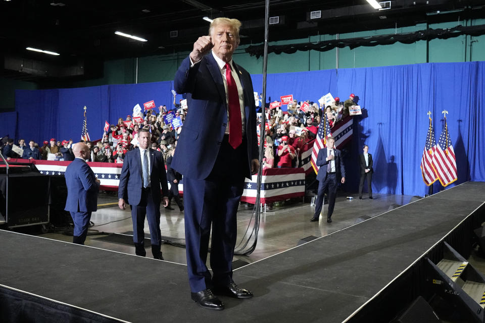 Republican presidential candidate former President Donald Trump gestures at a campaign rally Saturday, March 2, 2024, in Greensboro, N.C. (AP Photo/Chris Carlson)