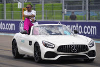 Mercedes driver Lewis Hamilton of Britain rides in the driver parade ahead of the Formula One Miami Grand Prix auto race at the Miami International Autodrome, Sunday, May 8, 2022, in Miami Gardens, Fla. (AP Photo/Darron Cummings)