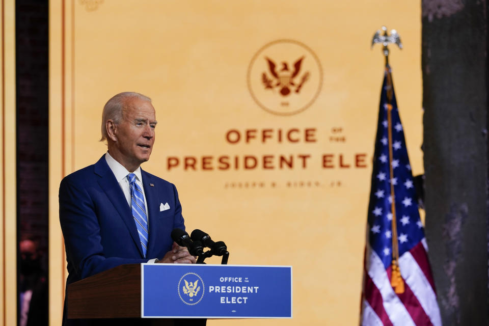 President-elect Joe Biden speaks Wednesday, Nov. 25, 2020, in Wilmington, Del. (AP Photo/Carolyn Kaster)