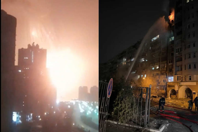 烏克蘭25日凌晨擊落俄羅斯軍機，沒想到飛機撞進民宅引起大火。（圖／翻攝自推特@ChristopherJM）