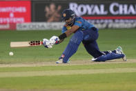 Sri Lanka's captain Dasun Shanaka plays a shot during the T20 cricket match of Asia Cup between Pakistan and Sri Lanka, in Dubai, United Arab Emirates, Friday, Sept. 9, 2022. (AP Photo/Anjum Naveed)