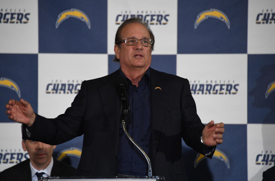 Jan 18, 2017; Inglewood, CA, USA; Los Angeles Chargers owner Dean Spanos speaks during the Los Angeles Chargers Kickoff Ceremony at the The Forum. Mandatory Credit: Kirby Lee-USA TODAY Sports