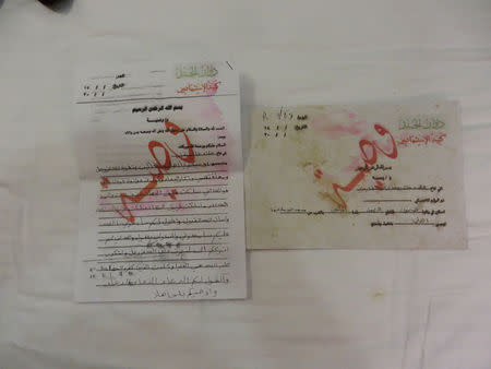 Teenage militant Alaa abd al-Akeedi's final letter to his family appears on official Islamic State stationery in Erbil, Iraq, February 26, 2017. Picture taken February 26, 2017. REUTERS/Alaa Al-Marjani TPX IMAGES OF THE DAY