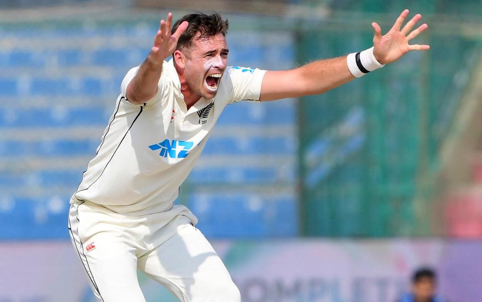 New Zealand's captain Tim Southee appeals for leg before wicket (LBW) against Pakistan's Sarfaraz Ahmed (not pictured) during the first day of the first cricket Test match between Pakistan and New Zealand at the National Stadium in Karachi on December 26, 2022. - Asif Hassan/Getty Images