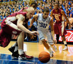 DURHAM, NC - JANUARY 21: Seth Curry #30 of the Duke Blue Devils and Jon Kreft #50 of the Florida State Seminoles scramble for a loose ball under the basket during play at Cameron Indoor Stadium on January 21, 2012 in Durham, North Carolina. (Photo by Grant Halverson/Getty Images)