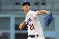 Los Angeles Dodgers starting pitcher Walker Buehler throws to a San Francisco Giants batter during the first inning of a baseball game Thursday, July 22, 2021, in Los Angeles. (AP Photo/Marcio Jose Sanchez)