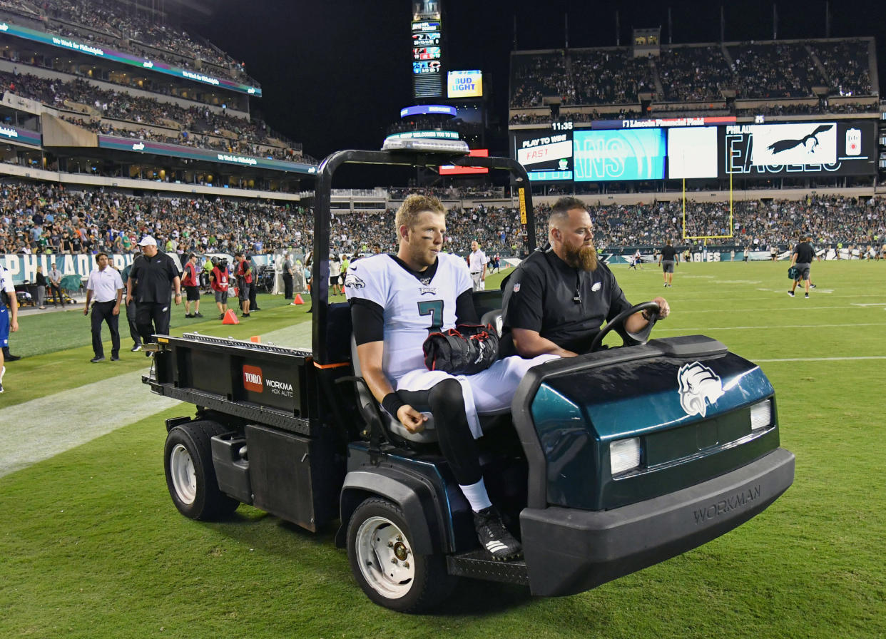 Aug 8, 2019; Philadelphia, PA, USA; Philadelphia Eagles quarterback Nate Sudfeld (7) leaves the game on a cart with an air cast on his left wrist at the end of the second quarter against the Tennessee Titans at Lincoln Financial Field. Mandatory Credit: Eric Hartline-USA TODAY Sports