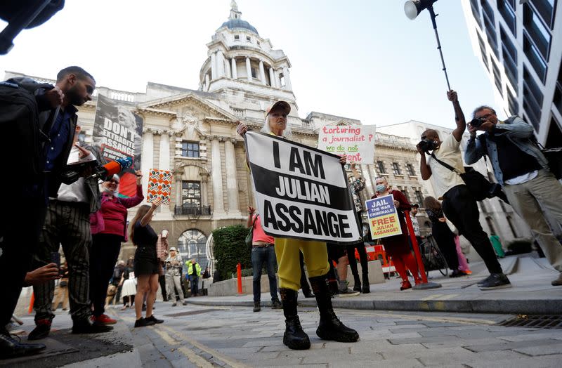 Vivienne Westwood demonstrates outside the Old Bailey in support of Julian Assange, in London