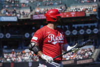 Cincinnati Reds' Mike Ford walks to the dugout after being called out on strikes against the San Francisco Giants during the ninth inning of a baseball game Sunday, May 12, 2024, in San Francisco. (AP Photo/Godofredo A. Vásquez)