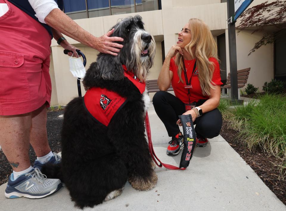 Stephanie Jacobs of Intermountain Therapy Animals sits next to her dog Biscuit as a patient pets him at St. Marks Hospital in Salt Lake City on Monday, June 12, 2023. The canine therapy program is resuming following COVID-19. | Scott G Winterton, Deseret News