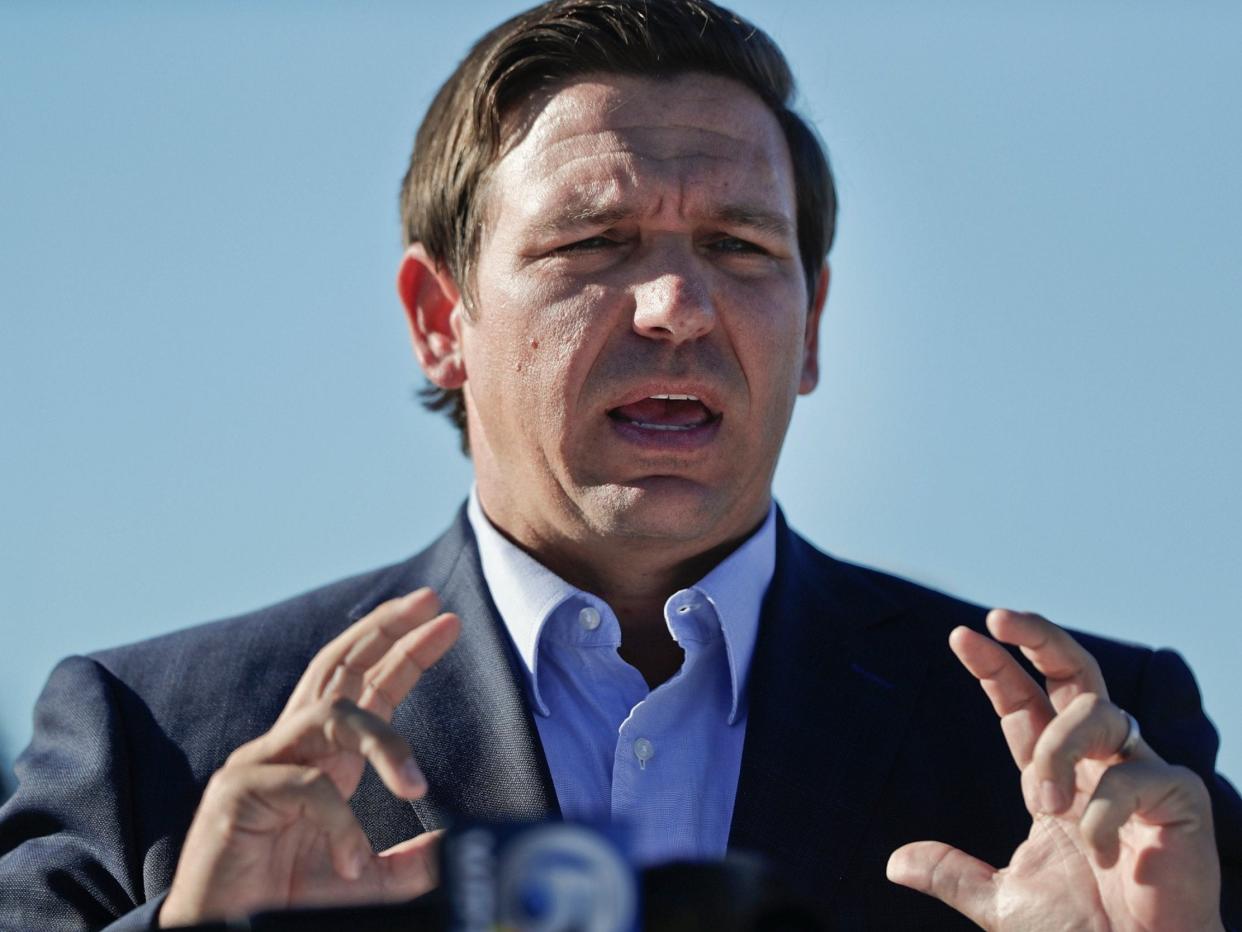 Governor Ron DeSantis speaks about his environmental budget at the Everglades Holiday Park during a new conference in Fort Lauderdale, Fla: AP