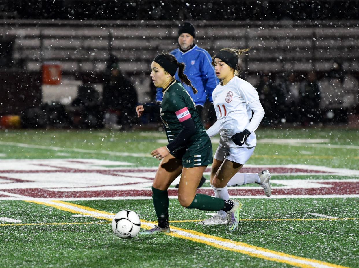 Vestal's Ava Schmidt controls the ball in front of Somers' Julia Arbelaez during Somers' 1-0 victory in a Class AA girls soccer subregional Nov. 1, 2023 at Johnson City High School.