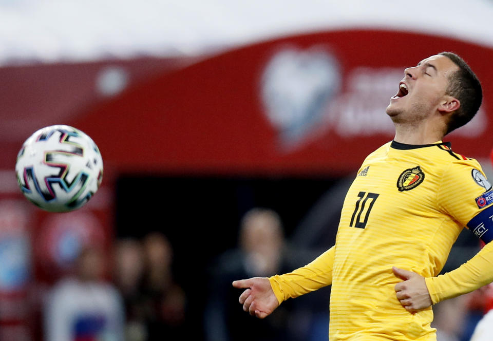 Belgium's Eden Hazard reacts during the Euro 2020 group I qualifying soccer match between Russia and Belgium, at Gazprom Arena in St. Petersburg, Russia, Saturday, Nov. 16, 2019. (AP Photo/Dmitri Lovetsky)