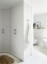 <p> Sometimes it only takes one gentle curve to transform the entire energy of your white bathroom. Here, it comes via a simple horseshoe configuration of wardrobes. ‘We took inspiration from the egg-shape bath, with the curve echoing the radius to give a sense of connection,’ recalls interior designer, Chantel Elshout. </p> <p> ‘Opting for standard angular wardrobes instead would have made the corner storage harder to reach and, crucially, we would have missed the opportunity to make the dressing area more interesting. The softening effect curves provide is so worth the extra effort required in their design and construction.’ </p>